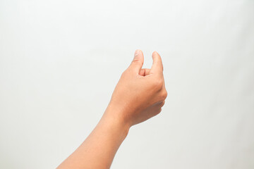 Human Hand Showing Small Size Gesture Against White Background