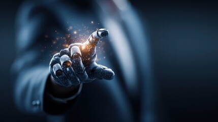 A robotic hand, with glowing energy, reaches out in a futuristic digital interface, connected to AI technology.