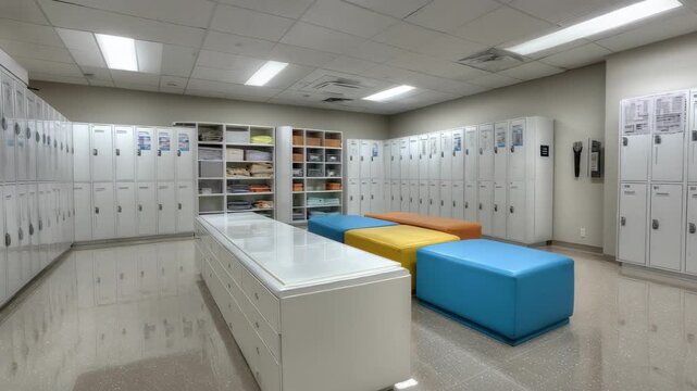 Large exam room with a focus on wellorganized storage units beside a sterilized exam table with softly blurred medical charts and seating areas.