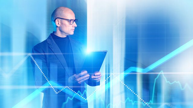 Financial data analyst reviews market performance on digital tablet, interpreting growth trends, investment charts, business metrics, and strategic decision analytics.