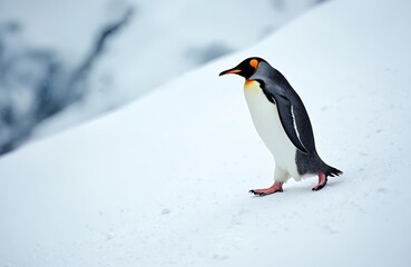 Obraz premium King penguin walks on snowy slope. Bird has orange markings on head and beak. Penguin moves forward across white, cold arctic landscape. Wildlife theme with focus on animal.