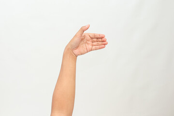 Human Arm Reaching Out With Open Palm Gesture Against White Background