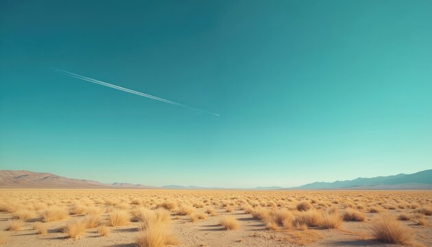 Vast arid desert landscape under a bright clear blue sky with a distant airplane contrail. Sparse dry grass covers sandy ground and low mountains appear on the horizon.