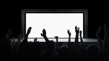 Live event production presents large blank stage screen before audience. Concert staging, media...