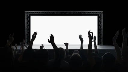Fotobehang Restaurant Live event production presents large blank stage screen before audience. Concert staging, media presentation setup, public event organization, entertainment production.  © Grispb