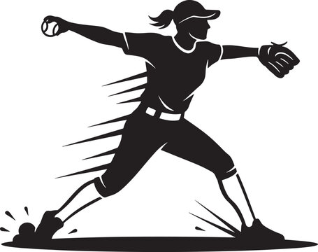 Female Softball Pitcher Throwing Ball Silhouette Isolated on White