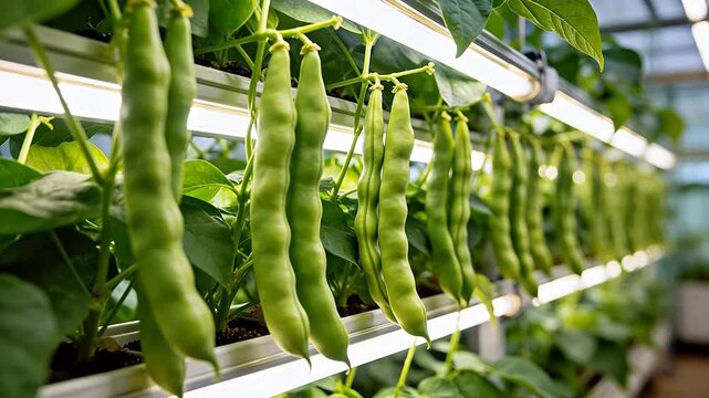 Green beans growing in a greenhouse