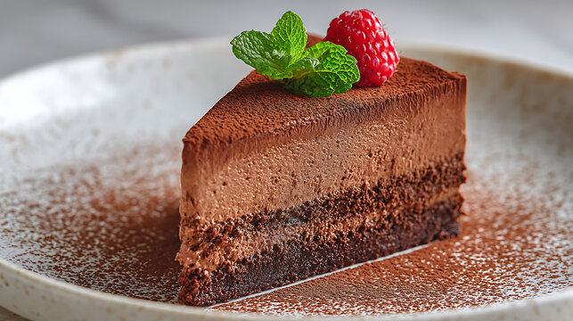 Exquisite slice of decadent layered chocolate mousse cake dusted with cocoa powder, garnished with fresh mint and a ruby raspberry, presented in a gourmet setting.