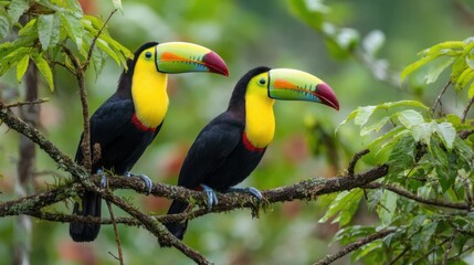 Fototapeta premium Two colorful toucans perched on branch in lush greenery.