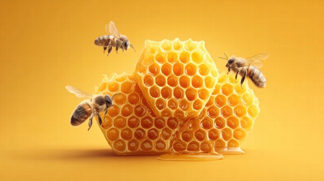 Bees gather around a honeycomb with dripping honey on a yellow background.