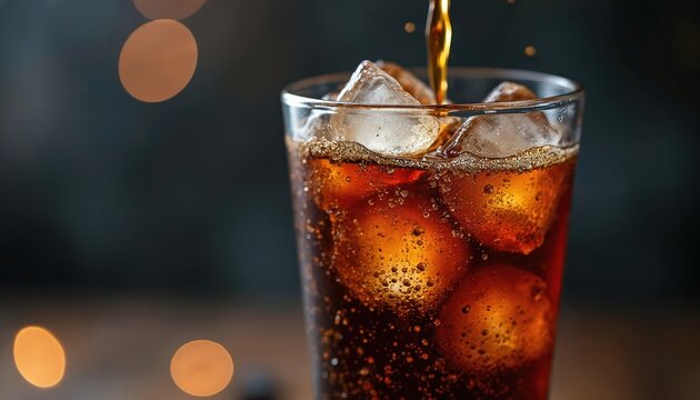 Pouring dark soda into glass with ice cubes and bubbles. Refreshing cold drink with sparkling liquid and bokeh lights. Perfect for thirst quenching.