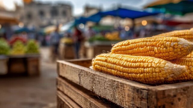Closeup medium shot of fresh corn cobs on wooden crates with focused texture on kernels and a softly blurred market scene behind.