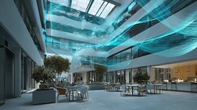 Interior medium shot of a smart building environment where automated HVAC and lighting systems respond intelligently to occupancy and ambient conditions.