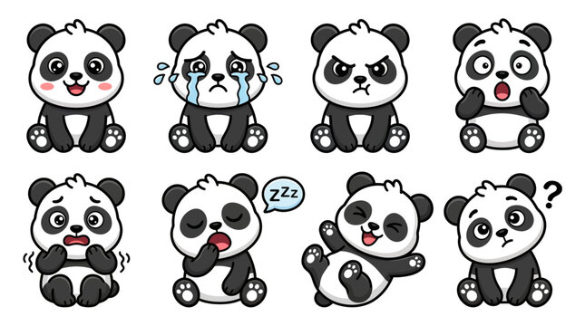 Cute panda cartoon character set showing different emotions and facial expressions including happy, sad, angry, surprised, scared, sleeping, playful, and confused.