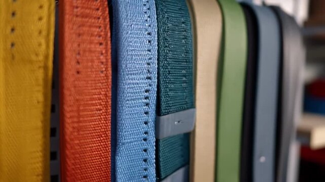 Medium shot of therapeutic bands neatly hanging on a pegboard storage wall main focus on colorful bands with blurred background shelves.