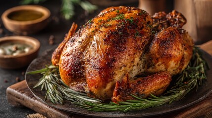 Golden roast chicken with herbs on rustic plate.