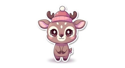 Fototapeta premium Adorable Chibi Reindeer Character with Small Antlers and Pink Beanie