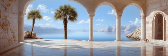 Naklejka premium Ancient Roman-style balcony overlooking a serene blue sea with distant mountains and palm trees