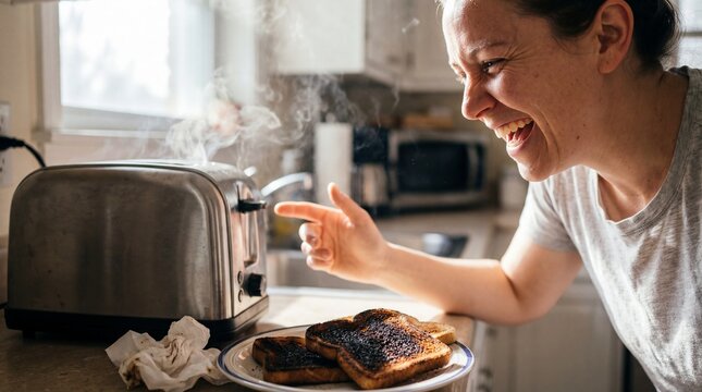 A humorous depiction captures the chaotic moment when a woman humorously reacts to burnt toast, with smoke and laughter emanating from the scene.
