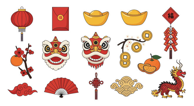 Chinese New Year Icons: Dragon, Lantern, Lion Dance, Red Envelope, Fortune