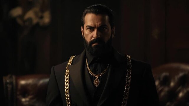Confident businessman with beard and gold chains in dark office. Mexican Cartel