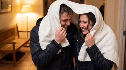 Fototapeta premium A tender moment of togetherness unfolds as a couple share a towel, their faces illuminated by warm light and filled with smiles, creating an intimate snapshot of their bond.