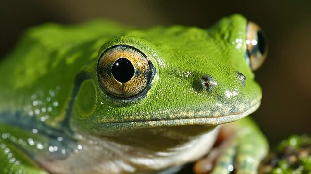 Close-up Macro Shot of a Vibrant Green Tree Frog with Large Eyes in Natural Sunlight