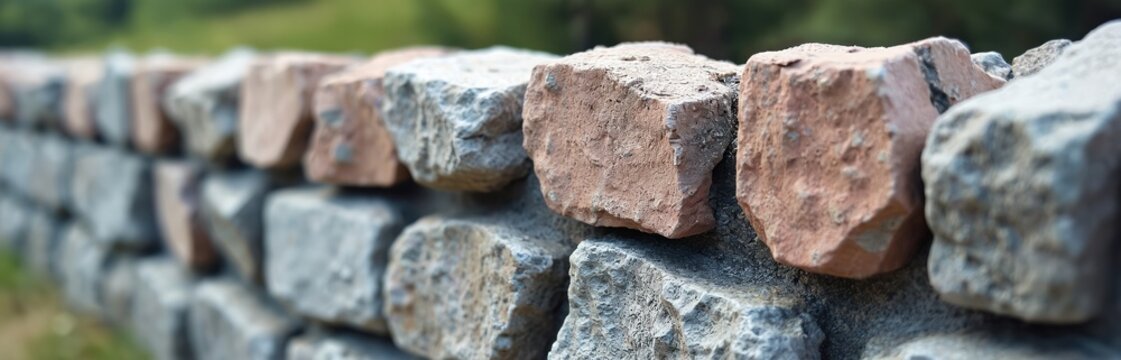 Old stone wall with varied rocks. Rough texture, natural material forms a boundary. Weathered blocks show age. Outdoor garden or rural path border.