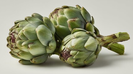 Obraz premium Fresh green artichokes in a cluster on light background.