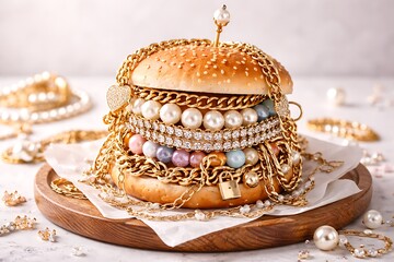 Chains, beads and other jewelry in a bun, creative trendy burger, aesthetic fast food concept.