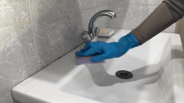 Gloved female hands wash bathroom sink with sponge