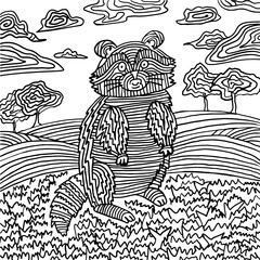 Tribal Line Art Illustration of a Raccoon in a Landscape
