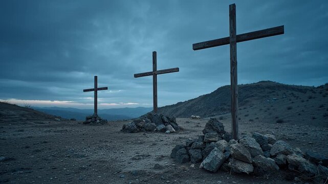 Hill of Golgotha before sunrise with three wooden crosses standing on cracked, dry ground. Cold blue-gray pre-dawn light, heavy clouds, and empty landscape create a solemn biblical scene with no peopl