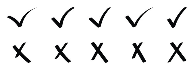 Black line doodle check and cross mark element set used in apps and websites to show successful actions or failed actions. © Snap Smith