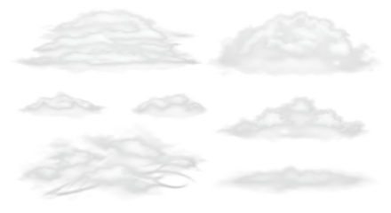 Collection of fluffy white clouds in various shapes on transparent background