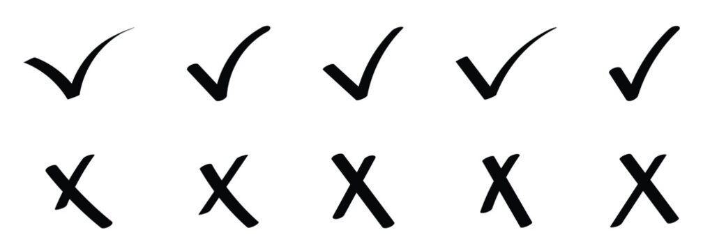 Black line doodle check and cross mark element set used in apps and websites to show successful actions or failed actions.