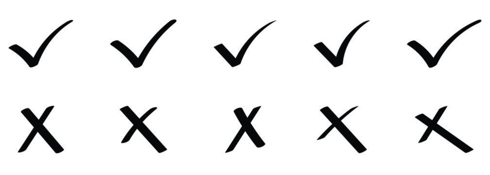 Black line doodle check and cross mark element set used in apps and websites to show successful actions or failed actions.