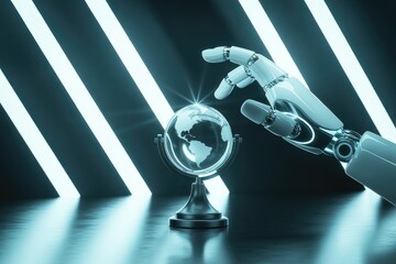 A futuristic robot hand gently touches a glowing transparent globe in a dark room.