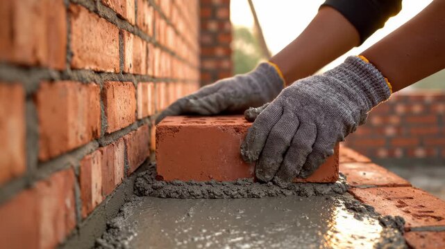 A construction worker lays a red brick on fresh mortar. Close-up of a bricklayer's hands building a wall at a construction site. Manual labor and craftsmanship concept