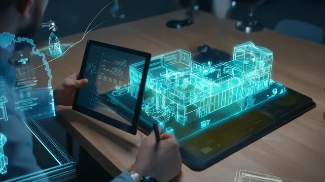 Medium shot of a designer sketching detailed 3D interior models on a digital tablet emphasizing spatial arrangement and lighting concepts.