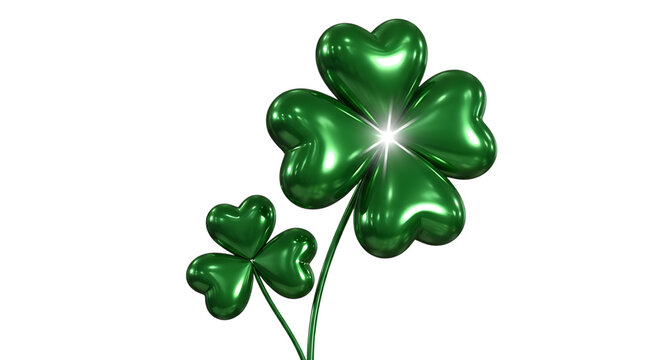Realistic green four leaf clover illustration with a bright sparkle on transparent background