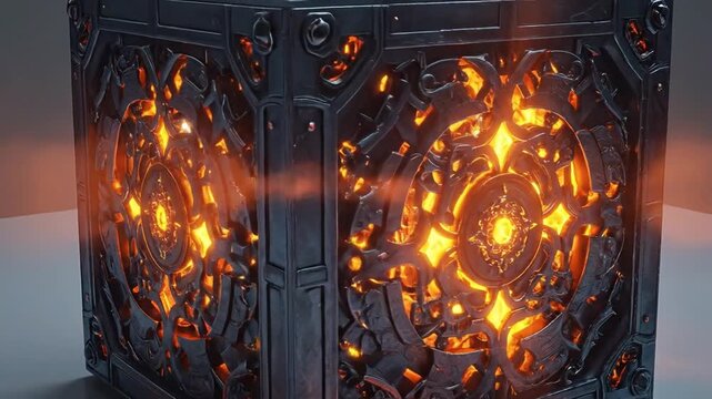 Glowing cubic object with intricate dark metalwork and fiery core. Illuminated on plain surface