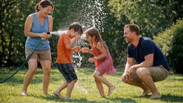 Joyful family moment with hose spray in summer