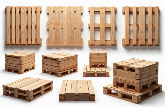 Various wooden pallets arranged on white background. Stacked neatly, others stand upright. Essential for shipping, storage, commonly used in warehouses, factories. Simple design makes versatile for