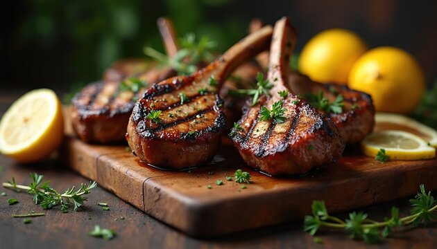 Juicy grilled lamb chops seasoned with herbs, lemon slices rest on wooden board. Savory meat dish with grill marks, garnished with fresh parsley, rosemary sprigs. Delicious main course for dinner.