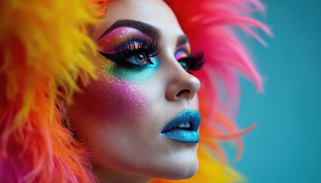Glamorous drag performer with vibrant makeup, colorful plumage wig. Woman embodies extravagance, artistry, bold self expression, celebrating identity, diversity with confidence. Fabulous female.