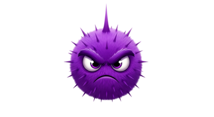 Angry purple spiky ball with a face on transparent background