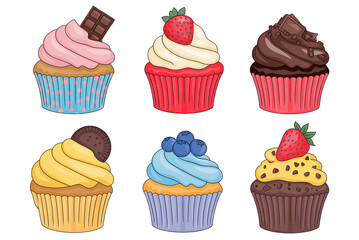 Six delightful cupcakes with fruits and chocolate decorations on white background