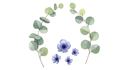 Watercolor eucalyptus wreath with blue flowers on transparent background