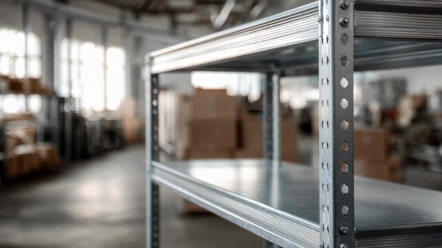 Aluminum metal shelving captured in medium shot highlighting sleek lightweight structure with main frame in focus and softly blurred workshop surroundings.